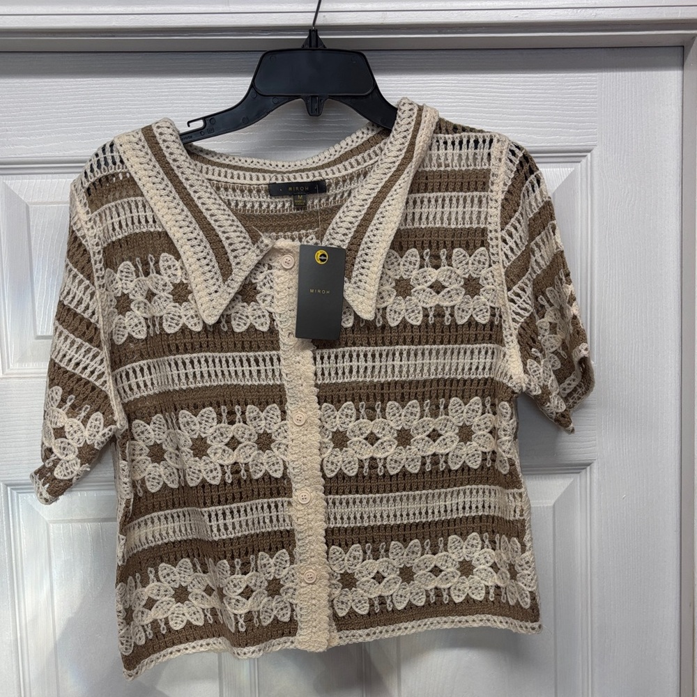 New Miroh Brown and Cream Crochet Flower Pattern Top medium Boho New
